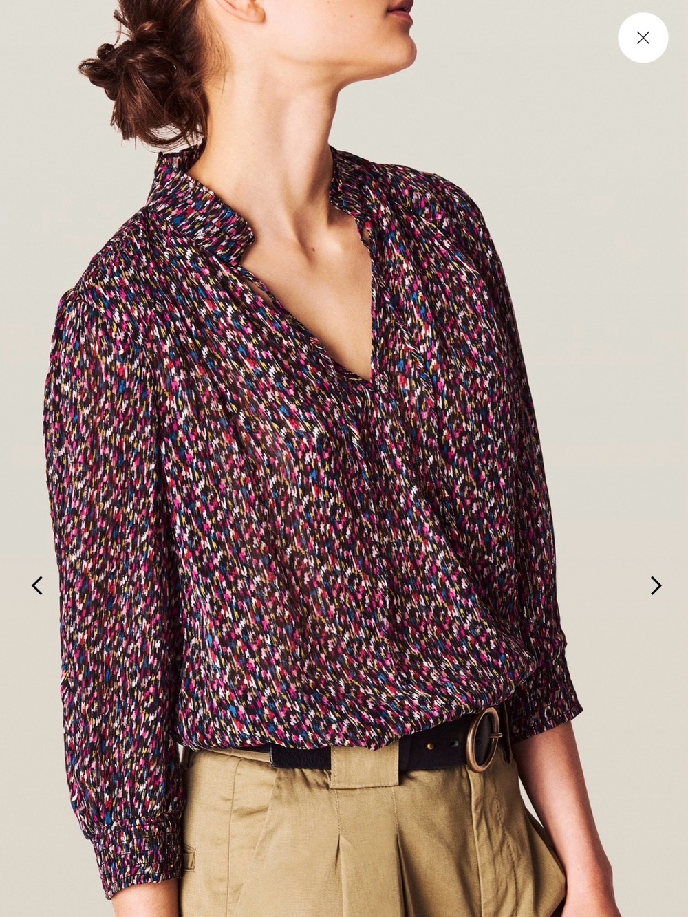 BA&SH The Dalas Metallic Print Pleated Peasant Blouse In Black Size Large L